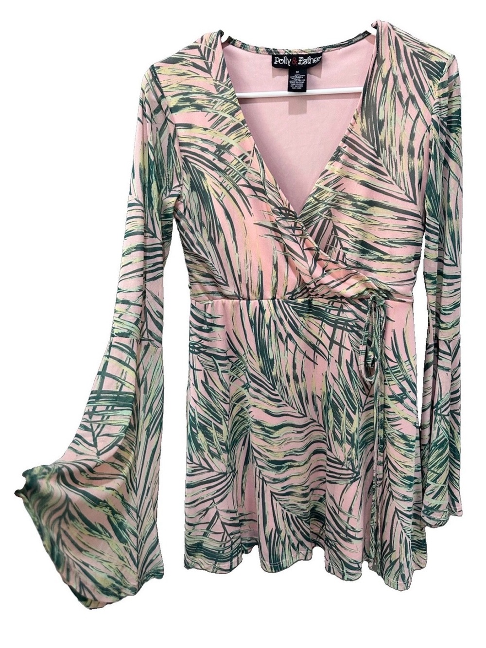 Polly & Esther Pink and Green Tropical Wrap‎ Tunic Top